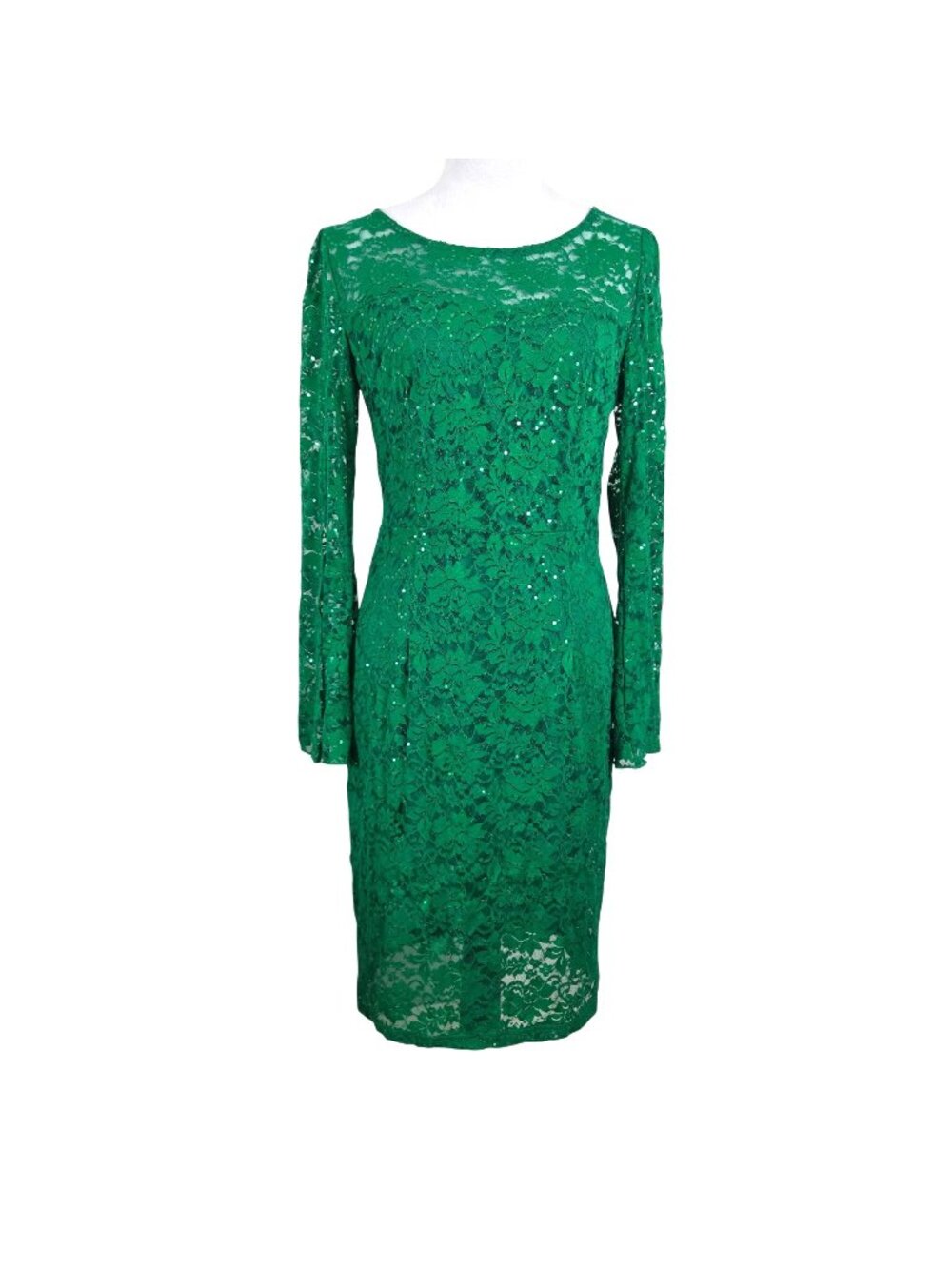 Womens Large Dress Green Lace Long-Sleeve Midi Lined Sequins Elegant Formal